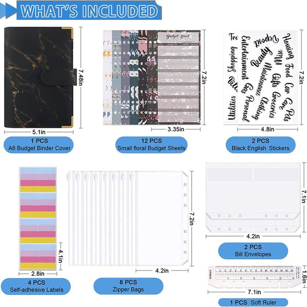 A6 Leather Notebook Budget Binder PU Planner Cover Cash Pockets Sheets