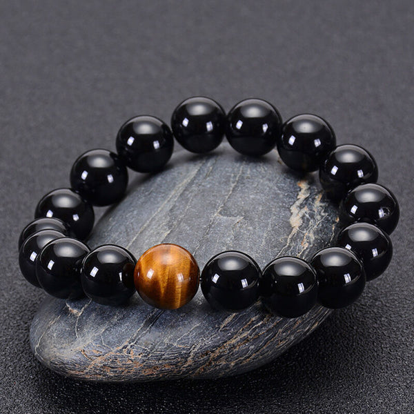 12mm Chakra Bracelet Natural Healing Bead Black Obsidian And Tiger Eye
