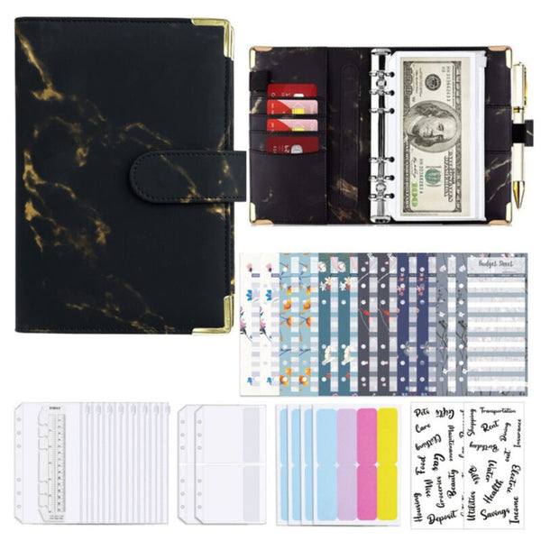 A6 Leather Notebook Budget Binder PU Planner Cover Cash Pockets Sheets