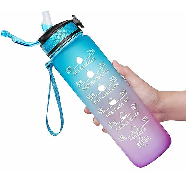 1L Fitness Jugs Straw Time Markings Sports Water Bottle Drink Flask Mo