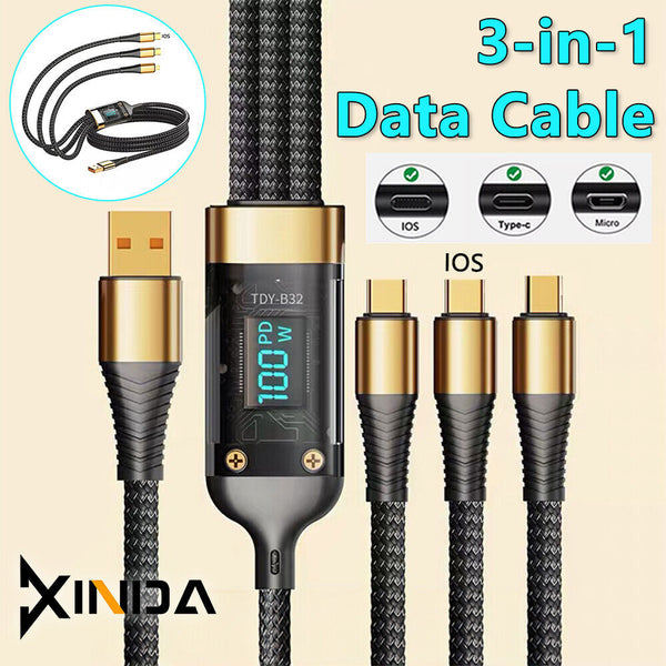 3-in-1 Micro Fast Charger Cable Fast Charging 100W Android Type-C PD F