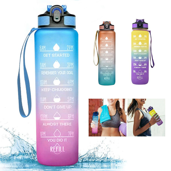 1L Fitness Jugs Straw Time Markings Sports Water Bottle Drink Flask Mo