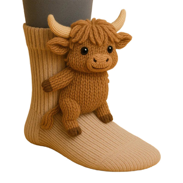 Highland cow animal socks - 3D knitted slipper socks (Ox Yoke option)