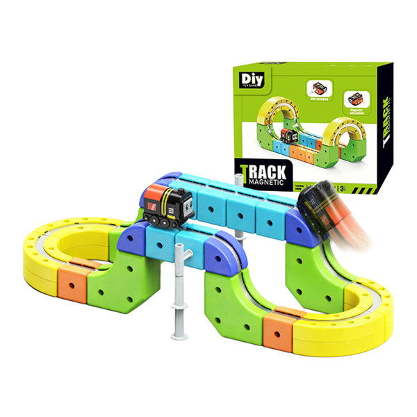 Blue and green building block train track with a ramp and loop