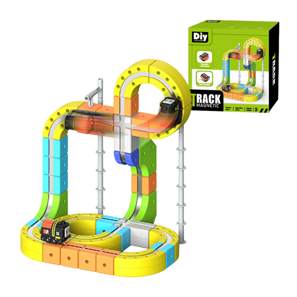 Tall building block train track with a loop, support poles and box