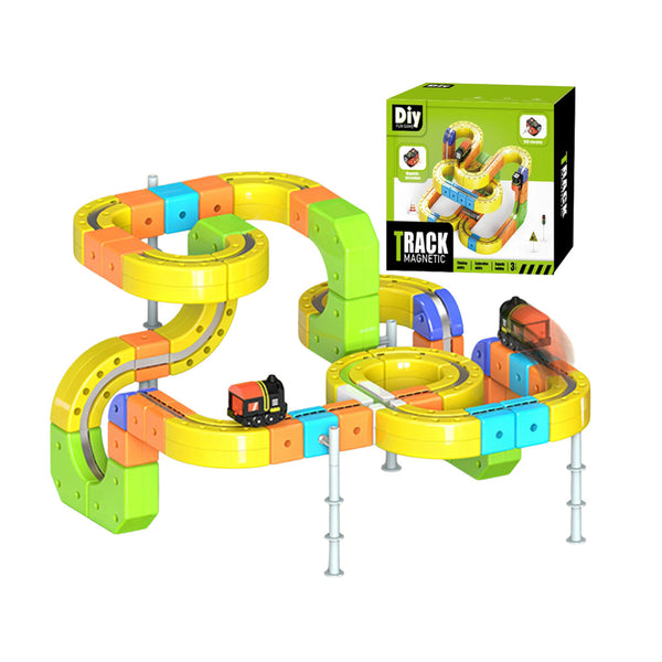 Train track toy for kids: building block track with raised curves, support poles and a train, with box