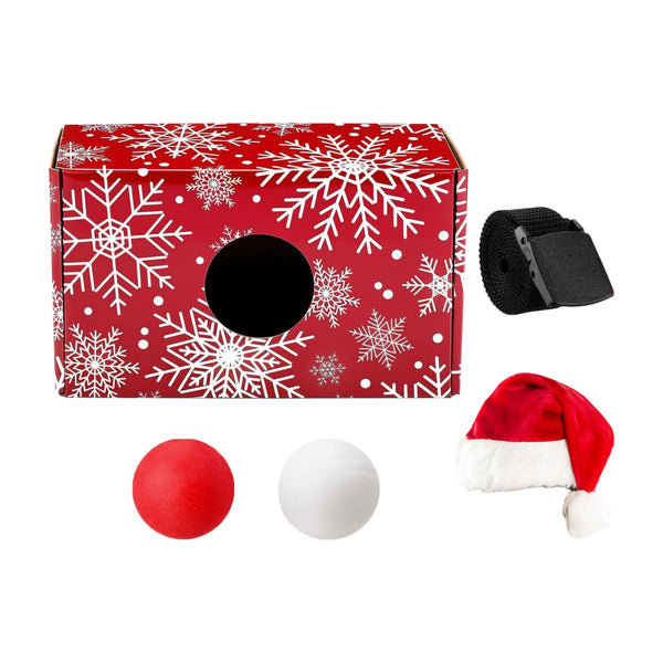 Shake the box Christmas game with Santa hat, strap and red and white balls