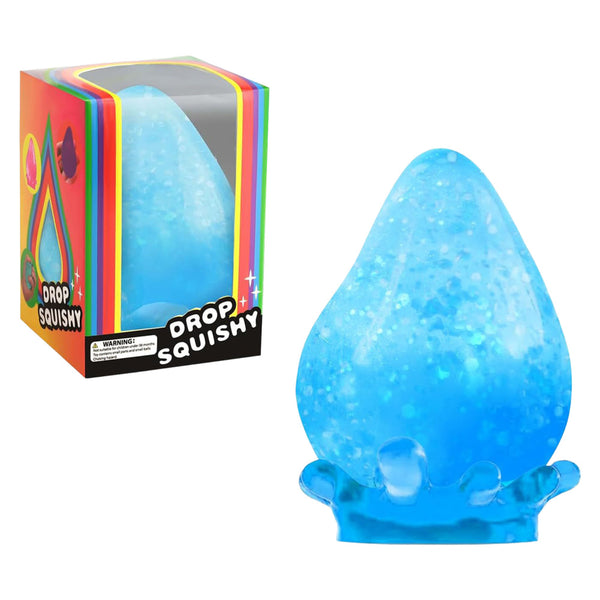 Blue glitter teardrop squishy beside its box