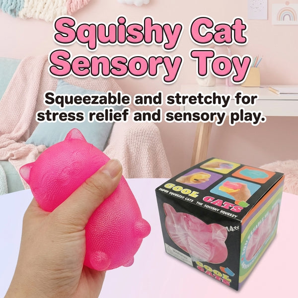 Pink squishy cat sensory toy squeezed in the hand beside its box