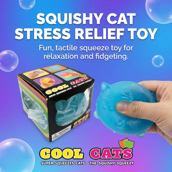 Blue squishy cat stress relief toy with its box
