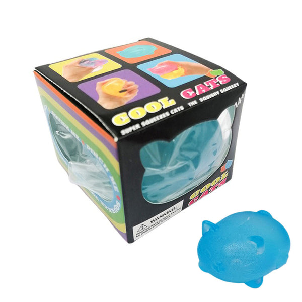 Blue squishy cat toy beside its box