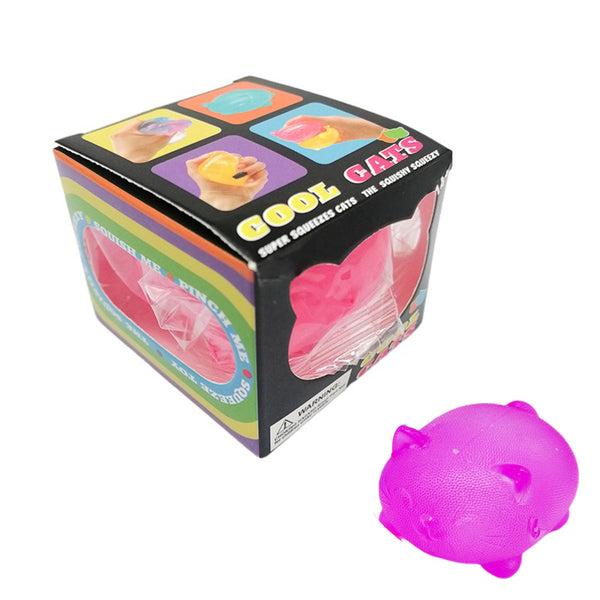 Purple squishy cat toy beside its box