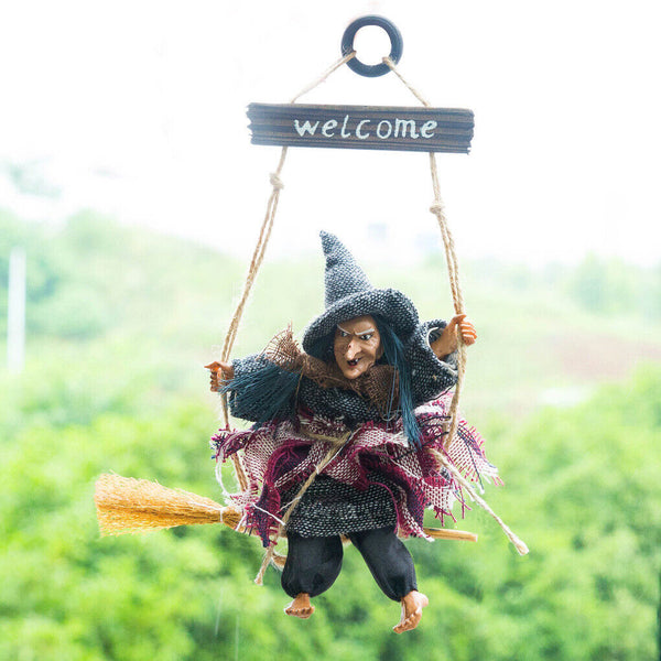 Hanging Flying Witch On Broom Ghost Ornament Halloween Party Door Welcome Decor - Lets Party