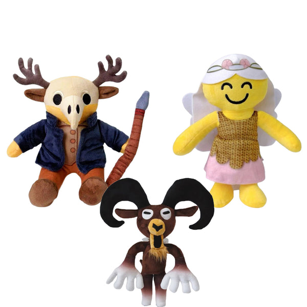 Monster plush toys set: antlered skull-mask figure, ram-horned deer creature and smiling fairy plush