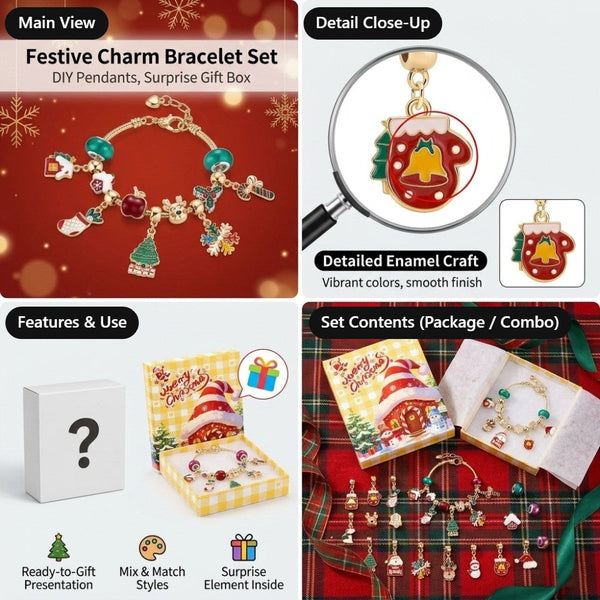Festive charm bracelet set: main view, enamel charm detail close-up, gift box features and full set contents