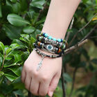 Turquoise Woven Leather Multi Layered Beaded Bracelet with Wood Beads for Women