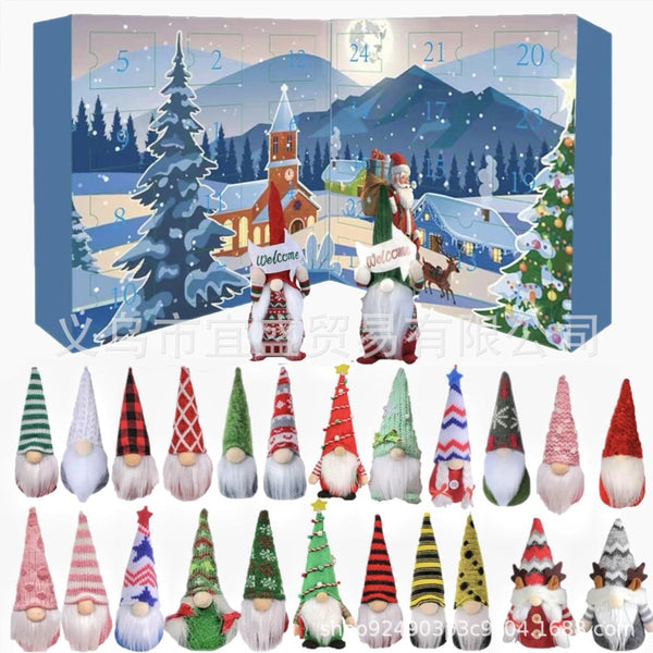 Blue church village gnome advent calendar box with two welcome gnomes and 24 plush gnomes