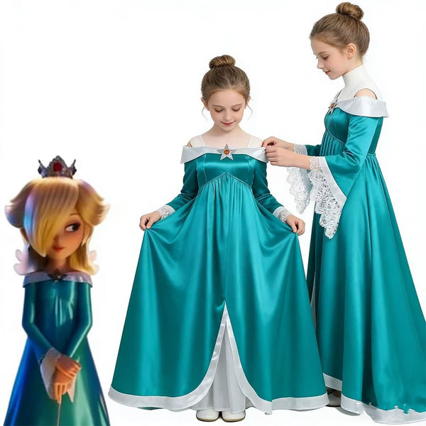 Girl dressed in teal Rosalina princess costume for a dress-up party