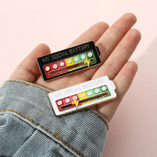 Metal My Social Battery Mood Brooch Pin Funny Interactive Enamel Badge Pins Gift