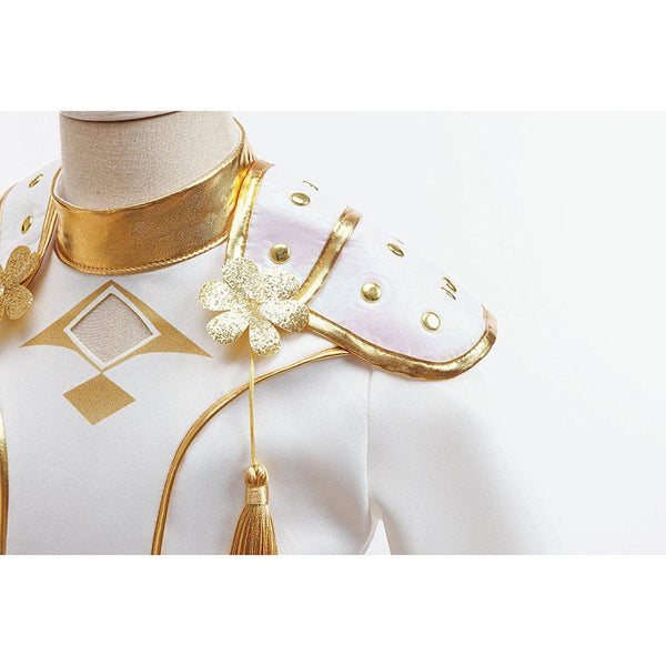 Gold collar, shoulder studs and tassel detail on Rumi Huntrix costume - Lets Party
