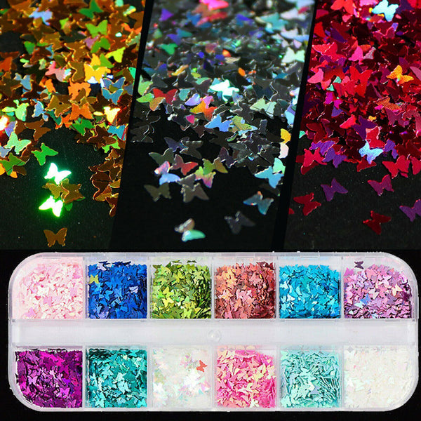 2PCS 12 Grids Butterfly Shape Nail Flakes 3D Holo Laser Glitter Sequin Nail Deco