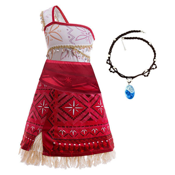 Moana costume dress with ocean-blue pendant necklace for girls