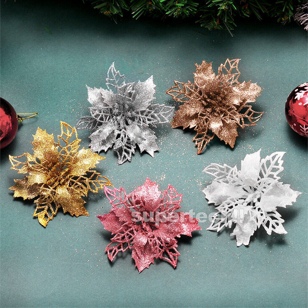 10 X Christmas Poinsettia Glitter Flower Tree Hanging Xmas Tree Party Decoration