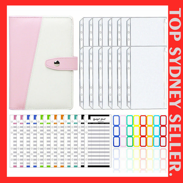 PU Leather Notebook Binder Pink A6 Budget Planner Organizer Cover Pockets Sheets