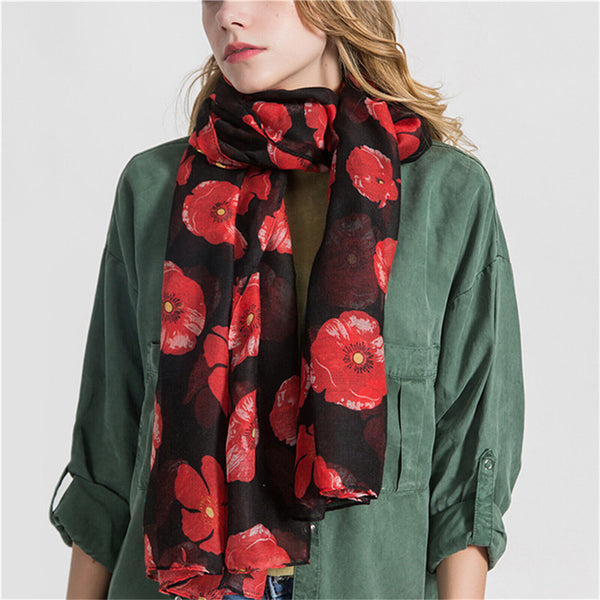 Women Ladies Poppy Print Floral Scarf Remembrance Day Poppies Scarves Wrap Shawl