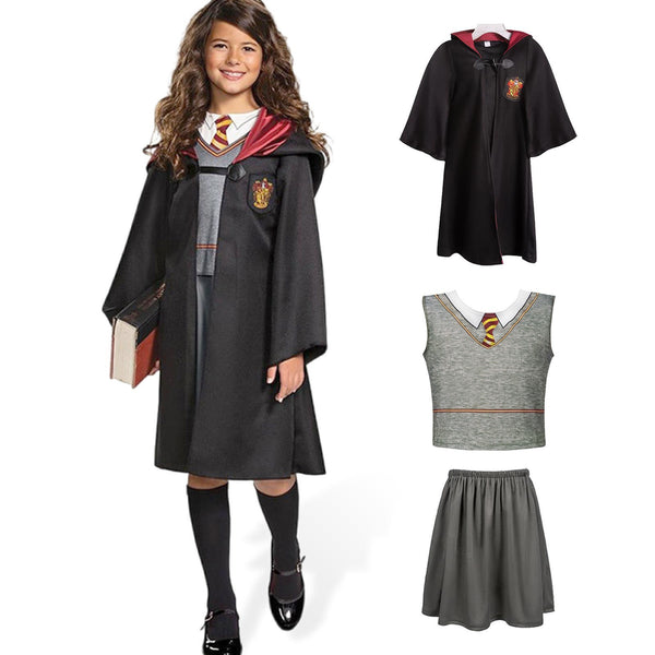 Girl in the wizard costume with robe, grey top and skirt
