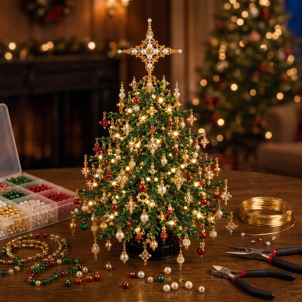 Beaded mini Christmas tree with star topper, beads and craft pliers