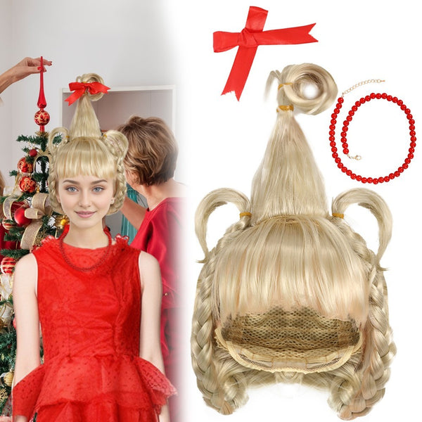 Complete Cindy Lou Who costume set laid flat showing all included pieces