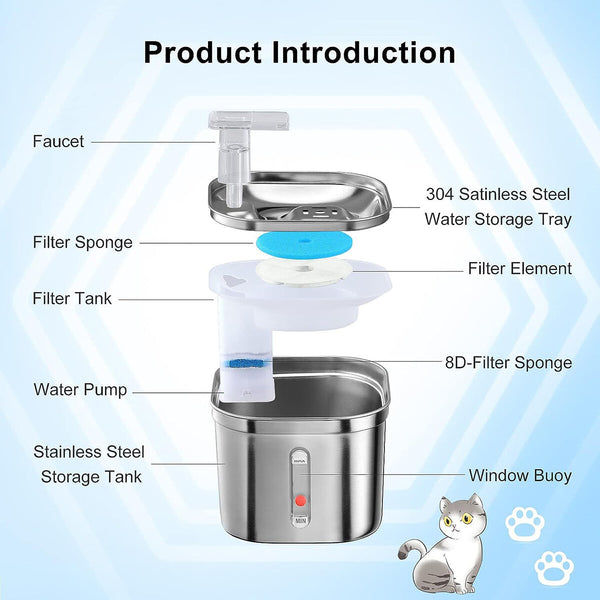 2.2L Stainless Steel Water Fountain Pet Dog Cat Drinking Dispenser Filter Feeder