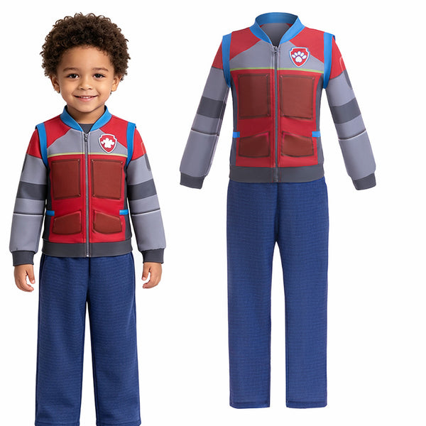 Boy wearing Paw Patrol Ryder costume jacket and pants with flat lay