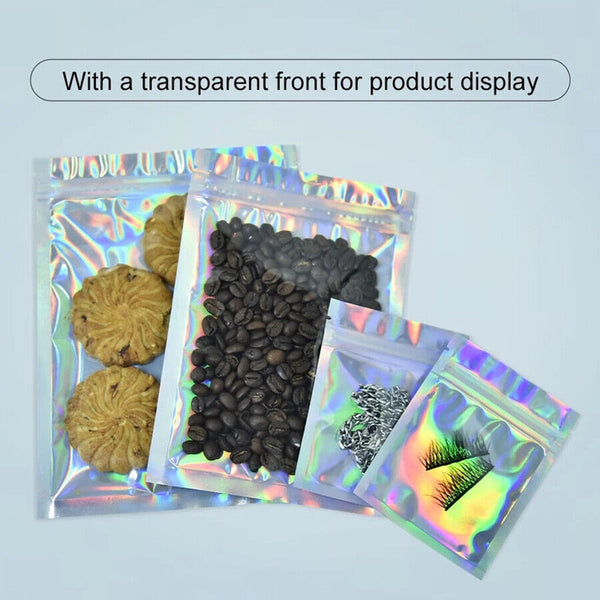 100PCS Rainbow Colour Holographic Storage Pouches Zipper Seal Foil Packaging Bag