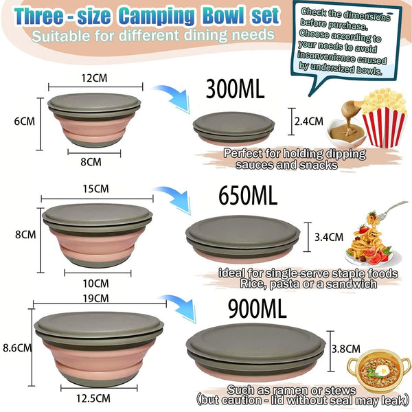 3PCS Collapsible Camping Bowl with Lid Foldable Soup Salad Ramen Bowl Set