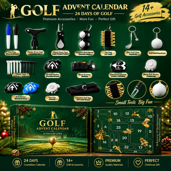 Labelled golf accessories: marker pens, plastic and metal divot tools, tee holder with 12 tees, ball markers