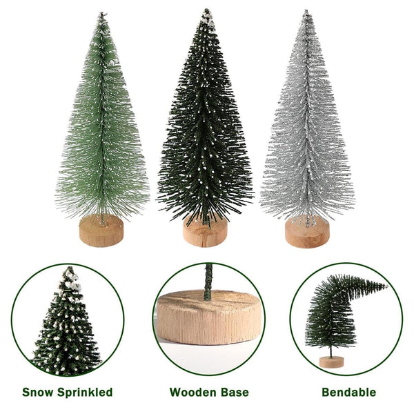 Mini trees in light green, dark green and silver: snow sprinkled, wooden base, bendable