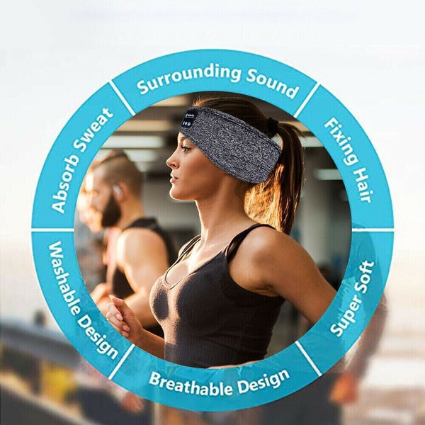 Woman wearing a grey sports headband with built-in speakers