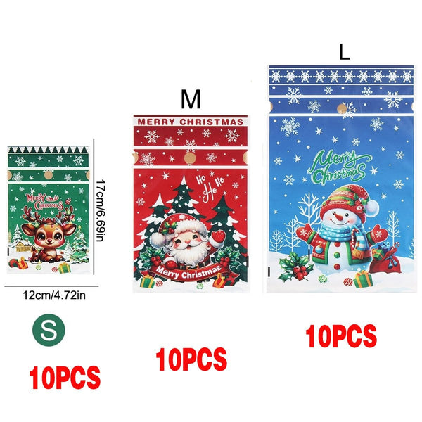 Mixed size pack AG: 10 small Reindeer, 10 medium Santa and 10 large Snowman Christmas gift bags