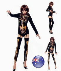 Skeleton Costume Women - Day of the Dead Bodysuit and Thigh Highs, Black and Gold