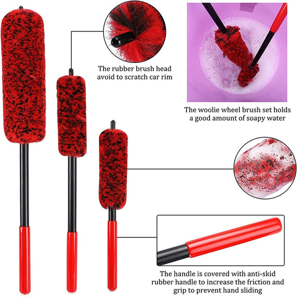 3X Wheel Clean Brushes Woolies Super Plush Soft Alloy Car Wheel Rim Cleaning Kit