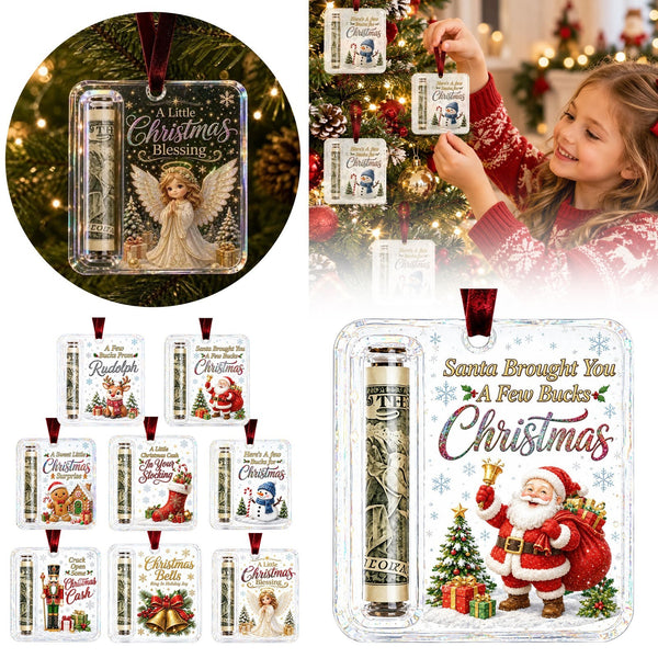 Christmas money holder ornaments in 8 designs, clear acrylic with a rolled note inside, on a tree