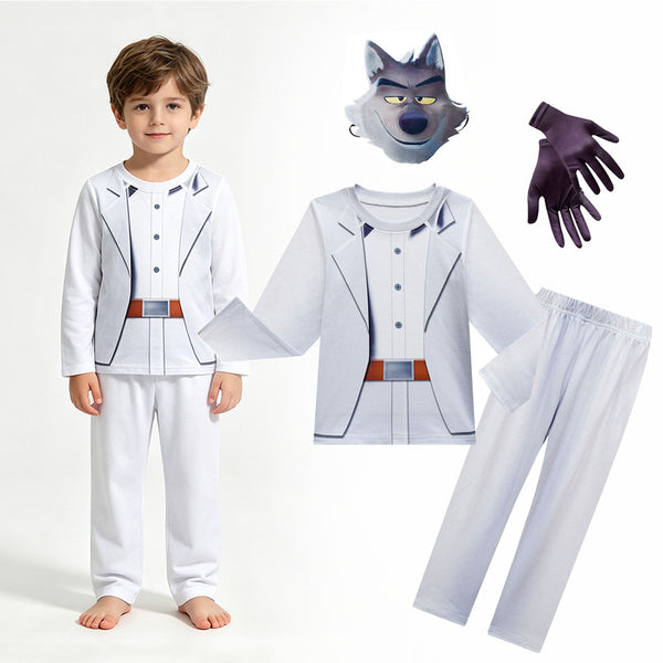 Boy in Mr Wolf The Bad Guys costume with mask gloves and full set
