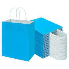 20 Pack Sky Blue Kraft Paper Gift Bags with Handles – Plain Shopping and Wedding Party Carry Bags