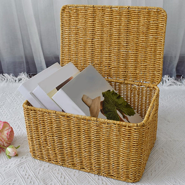 Storage Box Bedroom Organizer Faux Rattan Woven Basket with Lid Home Storage