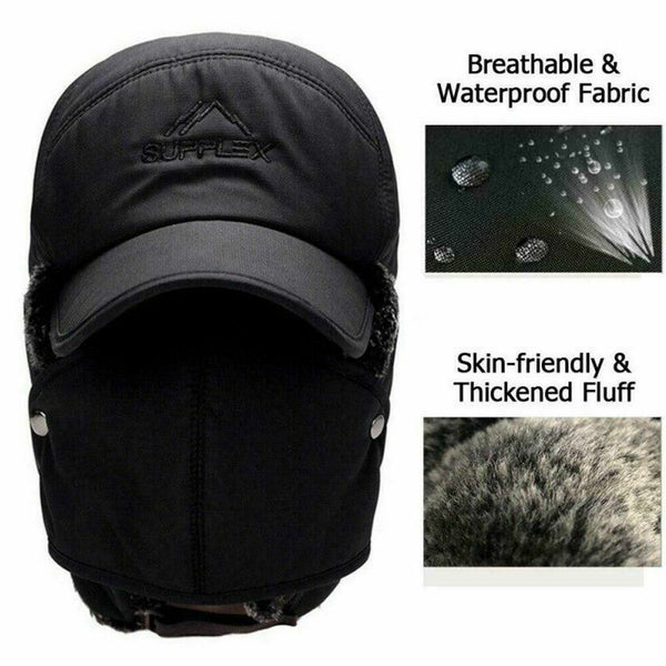 Winter 3 in 1 Thermal Fur Lined Trapper Bomber Hat with Ear Flap Face Mask Cap