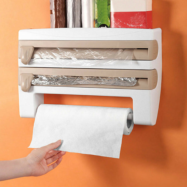 4in1 Kitchen Wrap Organizer Foil Cling Film Towel Holder Wall Mount Cutter AU