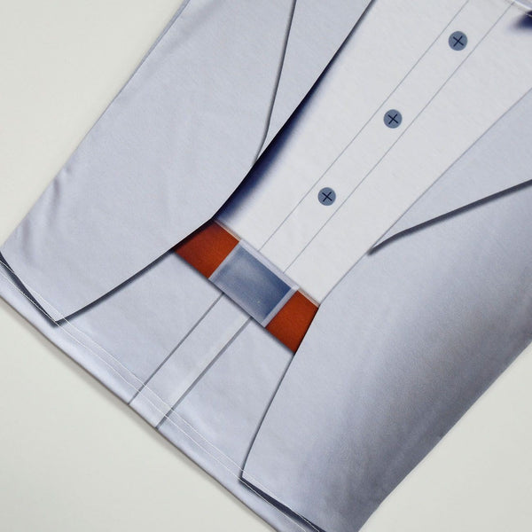 Close up of Mr Wolf costume printed suit belt and jacket detail