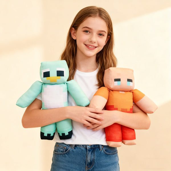 Girl holding both pixel plush toys